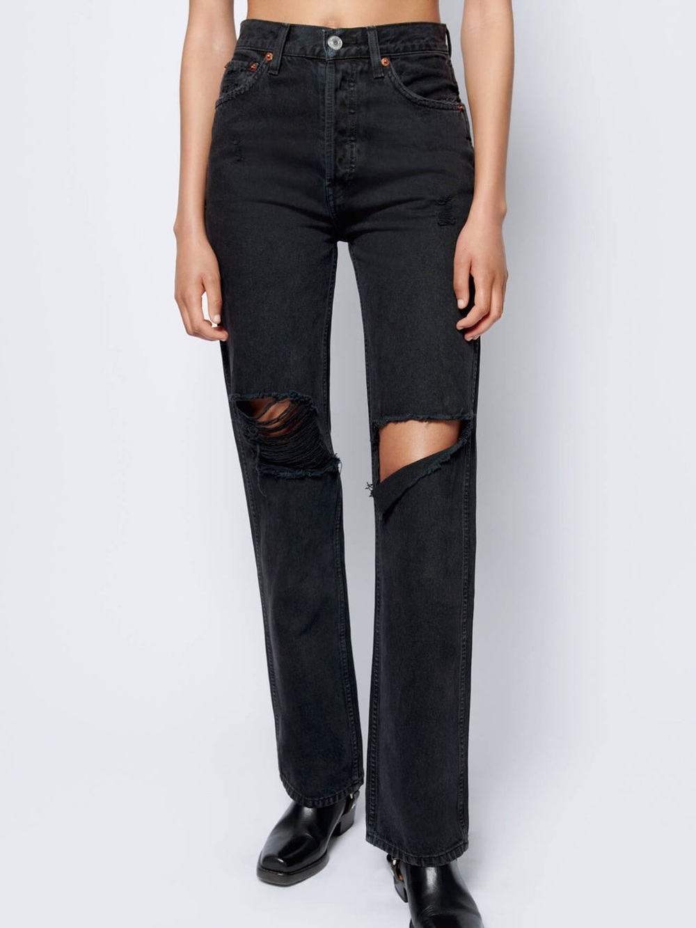 RE/DONE straight leg distressed ripped dark wash black denim jeans